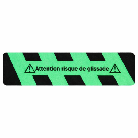 Bande antidérapante m2™ photoluminescente rayée noire et jaune avec texte 